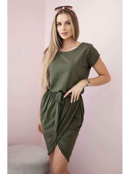 Dámske šaty s viazaním v páse a prekladanou sukňou, khaki