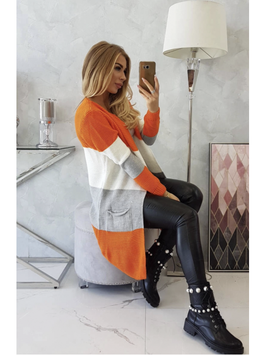 Dámsky kardigán s pásmi, oranžová + šedá + biela