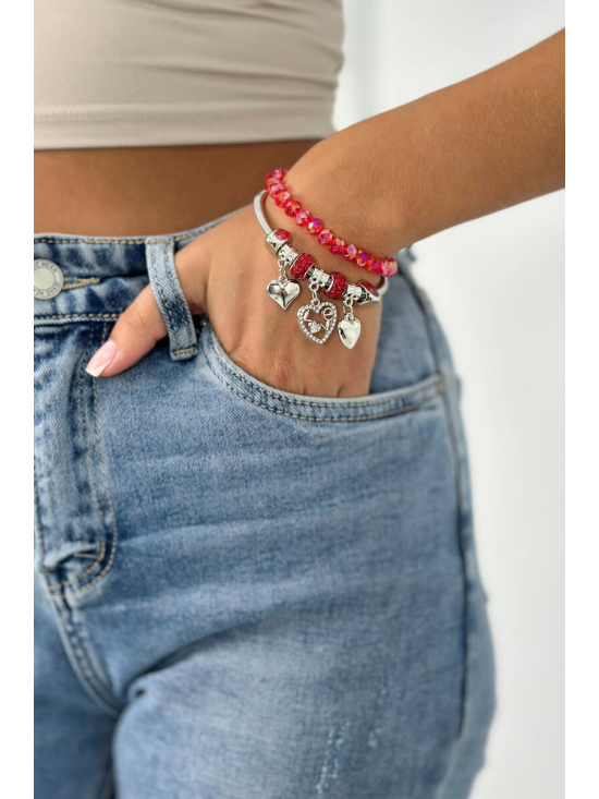 Dámsky náramok na ruku s príveskami so srdiečkami, červený - video vo fotkách