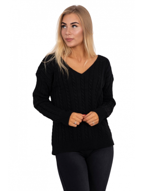 Pletený sveter s výstrihom v tvare V, čierny