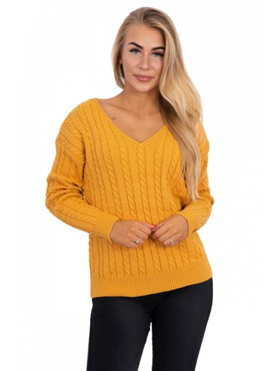 Pletený sveter s výstrihom v tvare V, horčicový