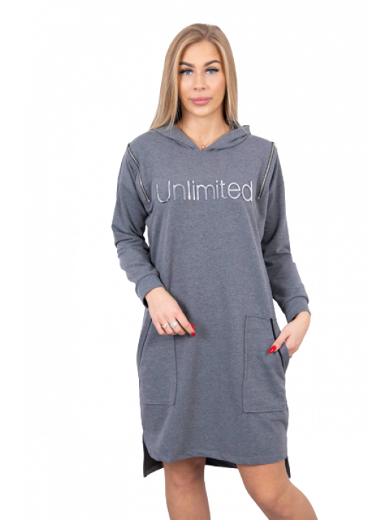 Dámske mikinové šaty s nápisom Unlimited, grafitové