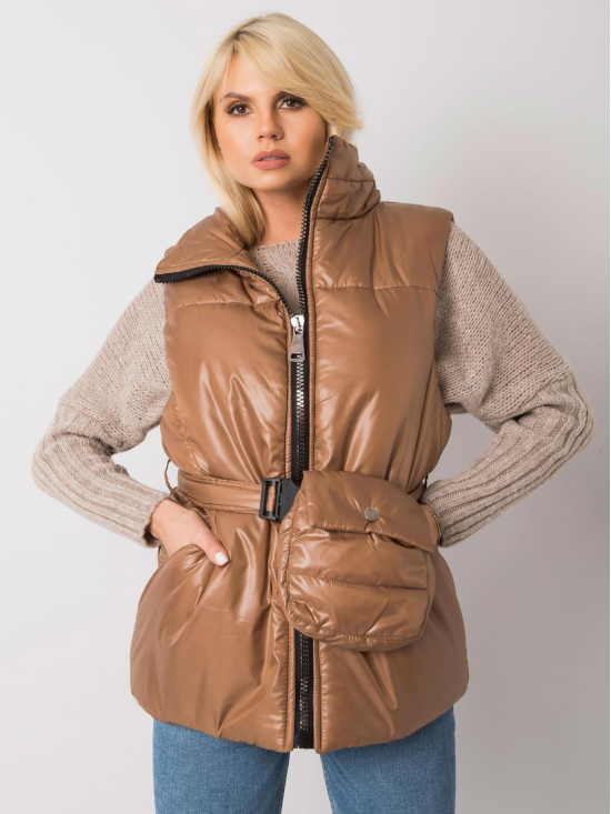 Štýlová dámska vesta s opaskom a ľadvinkou, hnedá