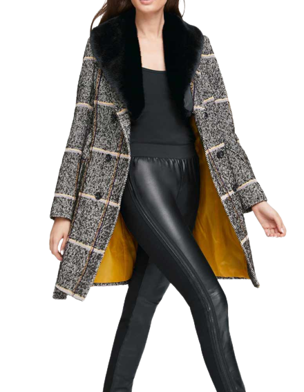 Karovaný kabát s goliérom z umelej kožušiny Heine, viacfarebný
