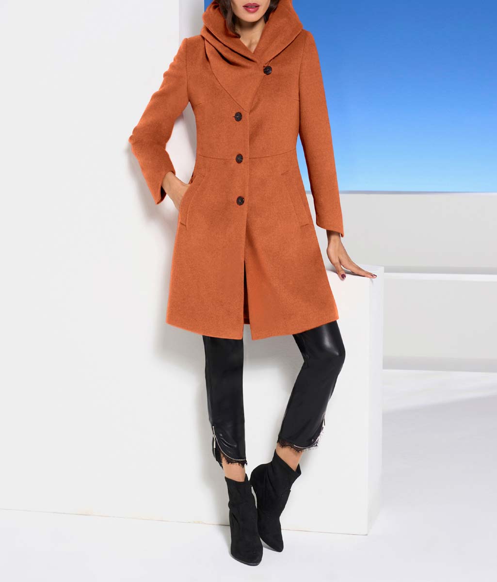 Dizajnový vlnený kabát s kapucňou Ashley Brooke, mandarínka