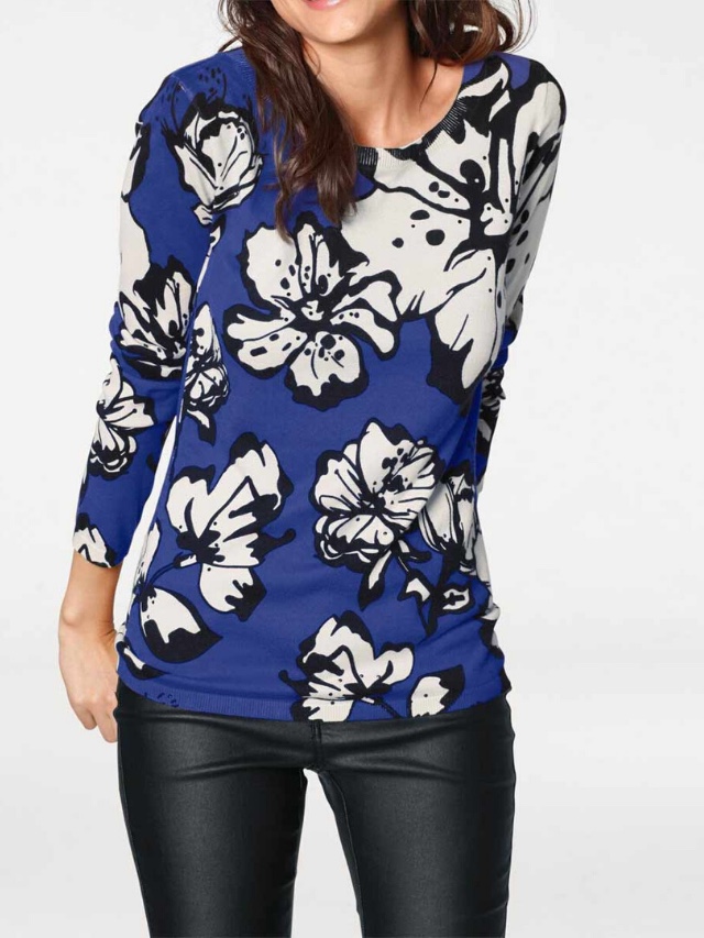 Jemný pletený sveter s kvetinovou potlačou Heine, modro-biely