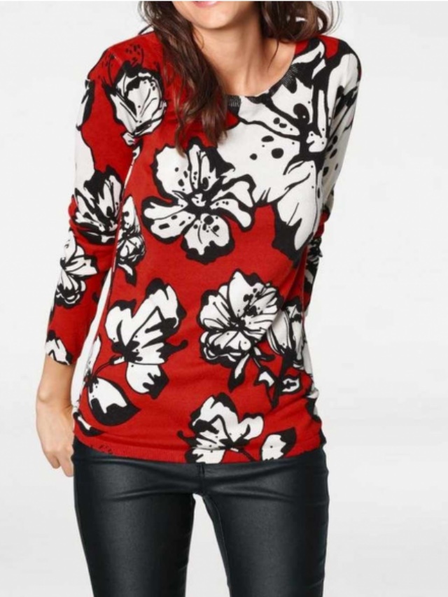 Jemný pletený sveter s kvetinovou potlačou Heine, červeno-biely