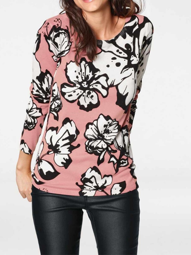 Jemný pletený sveter s kvetinovou potlačou Heine, ružovo-biely