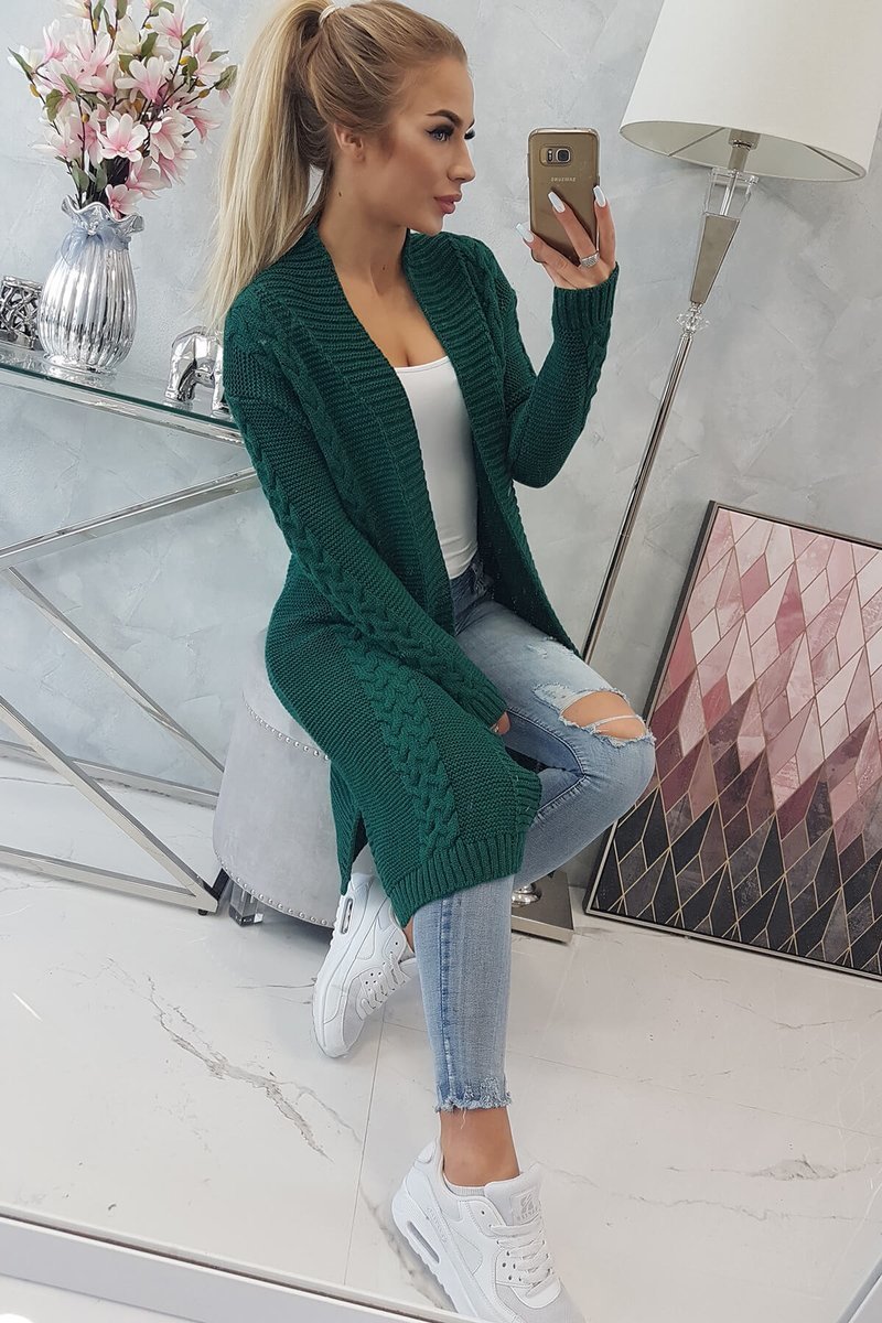 Dámsky sveter s vrkočovým vzorom, zelený
