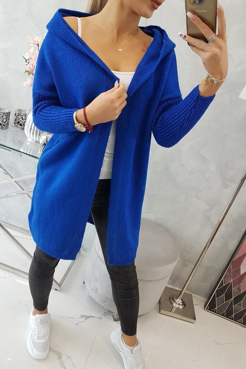 Dámsky sveter s kapucňou bez zapínania, modrý