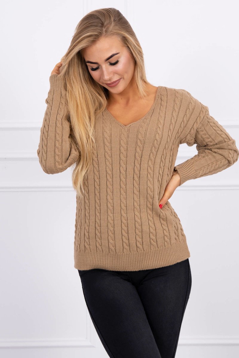 Pletený sveter s výstrihom v tvare V, ťavia hnedá