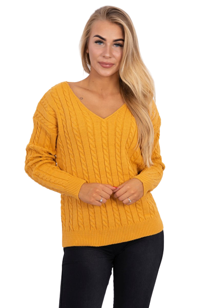 Pletený sveter s výstrihom v tvare V, horčicový