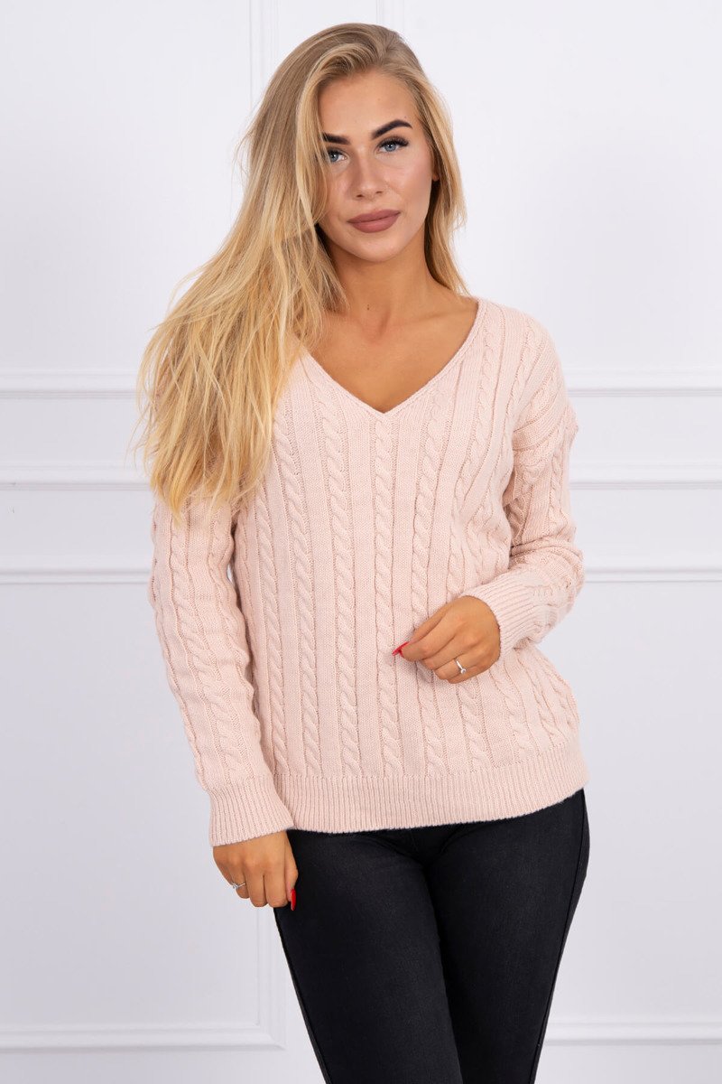 Pletený sveter s výstrihom v tvare V, púdrovo ružový