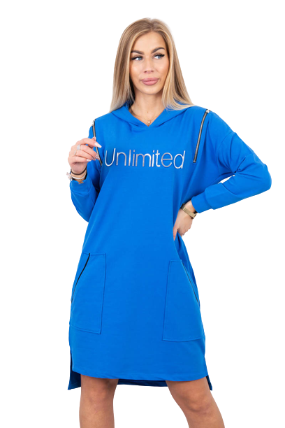 Dámske mikinové šaty s nápisom Unlimited, modré