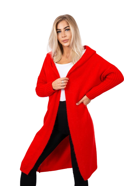 Dámsky sveter s kapucňou bez zapínania, červený